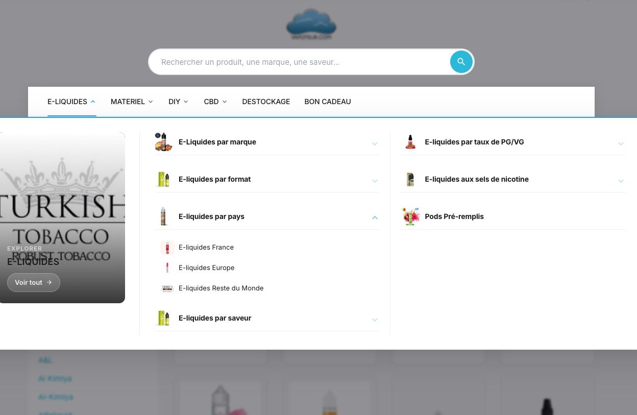 MegaMenu Pro sur vapoteur.com — Mega dropdown E-Liquides avec images de categories